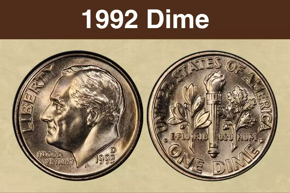1992-P Roosevelt dime obverse and reverse showing mint mark and torch design