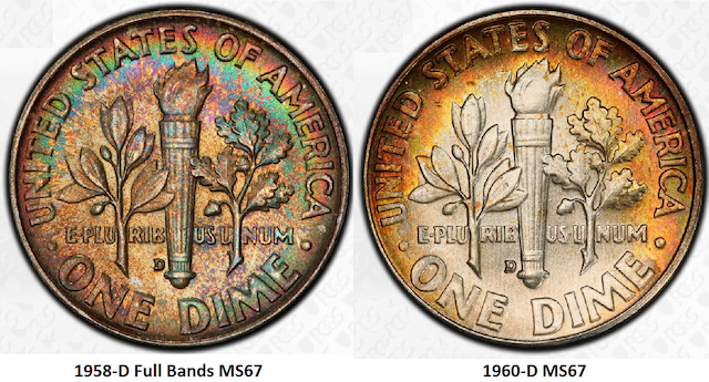 Side-by-side comparison of 1992 Roosevelt dime torch bands: weak non-FB example left vs Full Bands FB example right