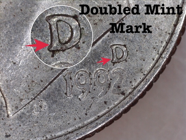 1992 Roosevelt dime double strike error showing secondary impression of design overlapping the primary strike