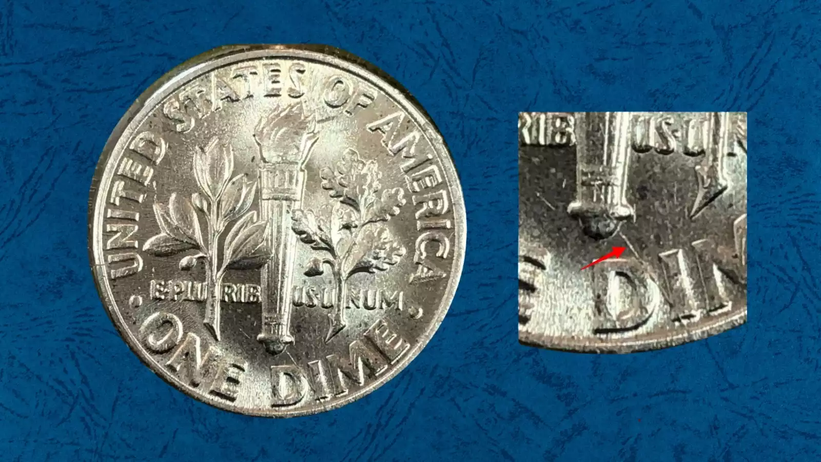 1992 Roosevelt dime die cud error showing raised metal blob at coin rim where die crack connected to the edge