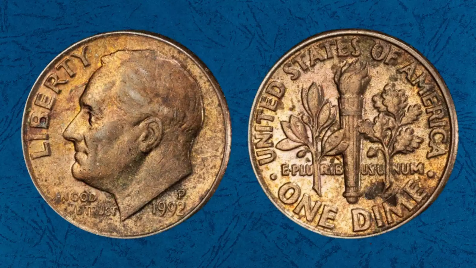 1992 Roosevelt dime grading strip showing four condition tiers from worn to gem uncirculated in a horizontal row